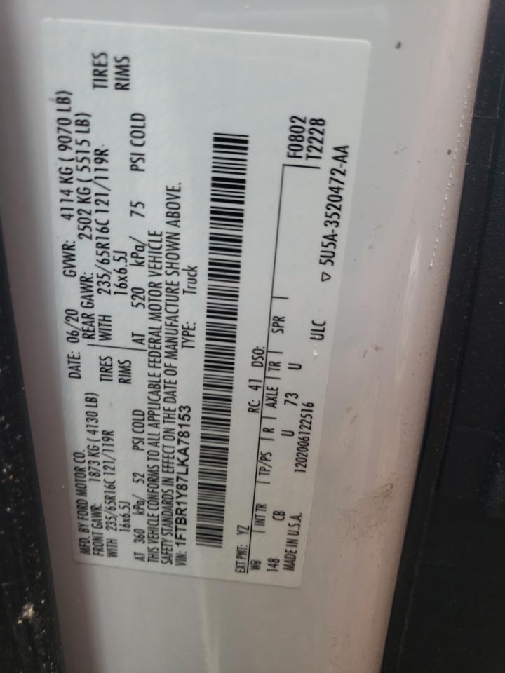 2020 Ford Transit T-250 VIN: 1FTBR1Y87LKA78153 Lot: 60812514