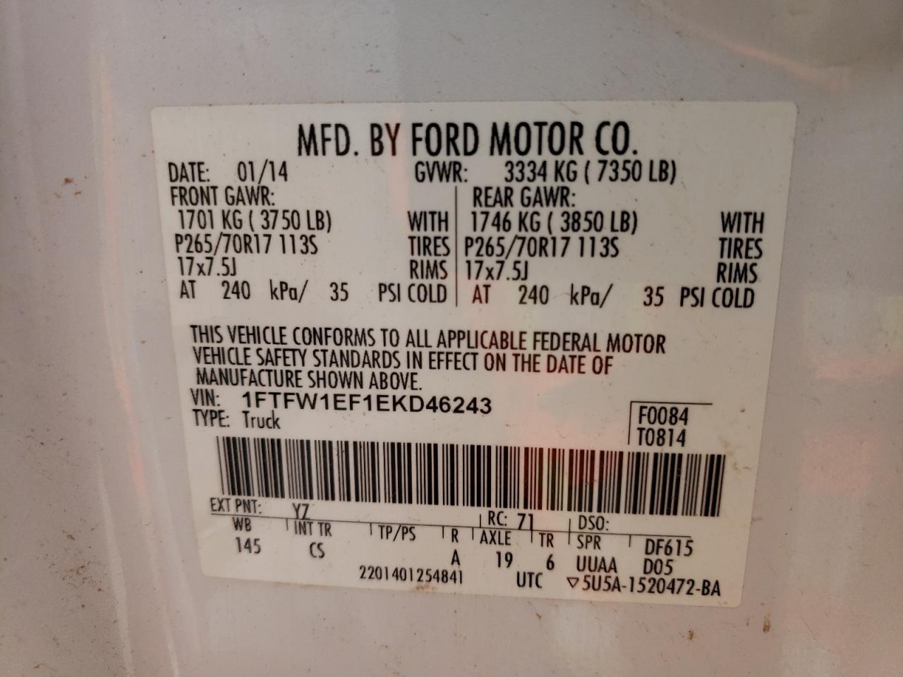 1FTFW1EF1EKD46243 2014 Ford F150 Supercrew