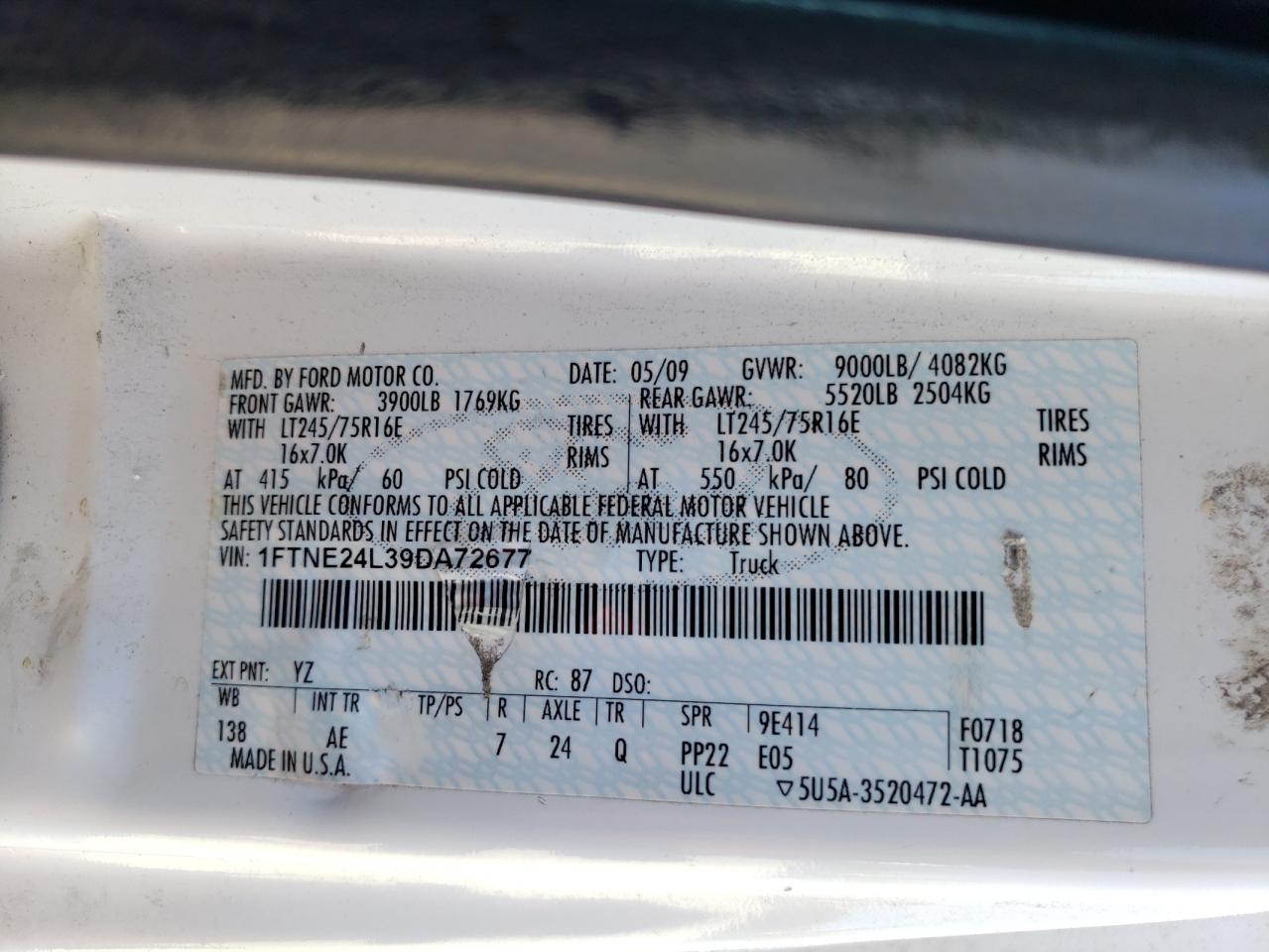 2009 Ford Econoline E250 Van VIN: 1FTNE24L39DA72677 Lot: 58954774