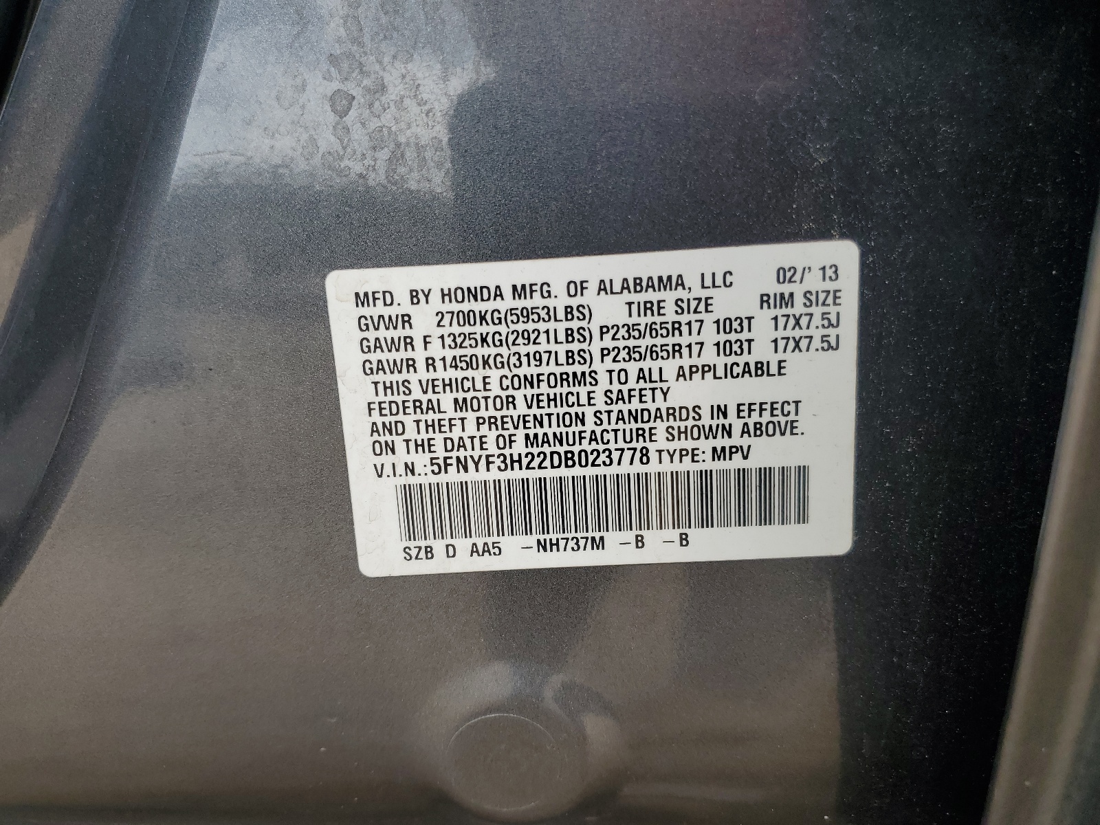 5FNYF3H22DB023778 2013 Honda Pilot Lx