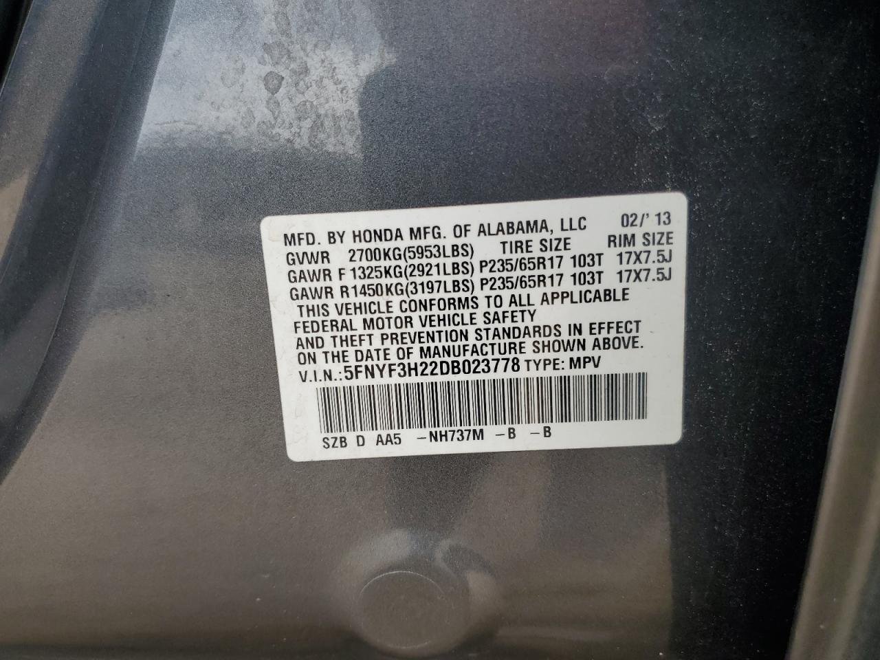 2013 Honda Pilot Lx VIN: 5FNYF3H22DB023778 Lot: 59671674