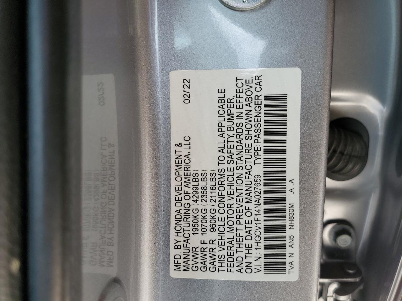 2022 Honda Accord Lx VIN: 1HGCV1F14NA027659 Lot: 59473454