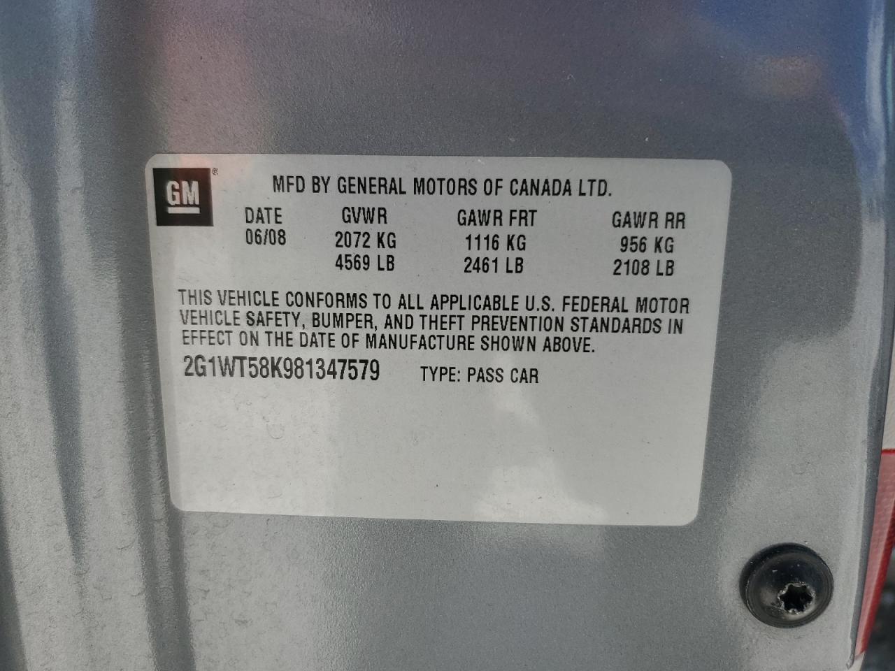 2008 Chevrolet Impala Lt VIN: 2G1WT58K981347579 Lot: 58009764