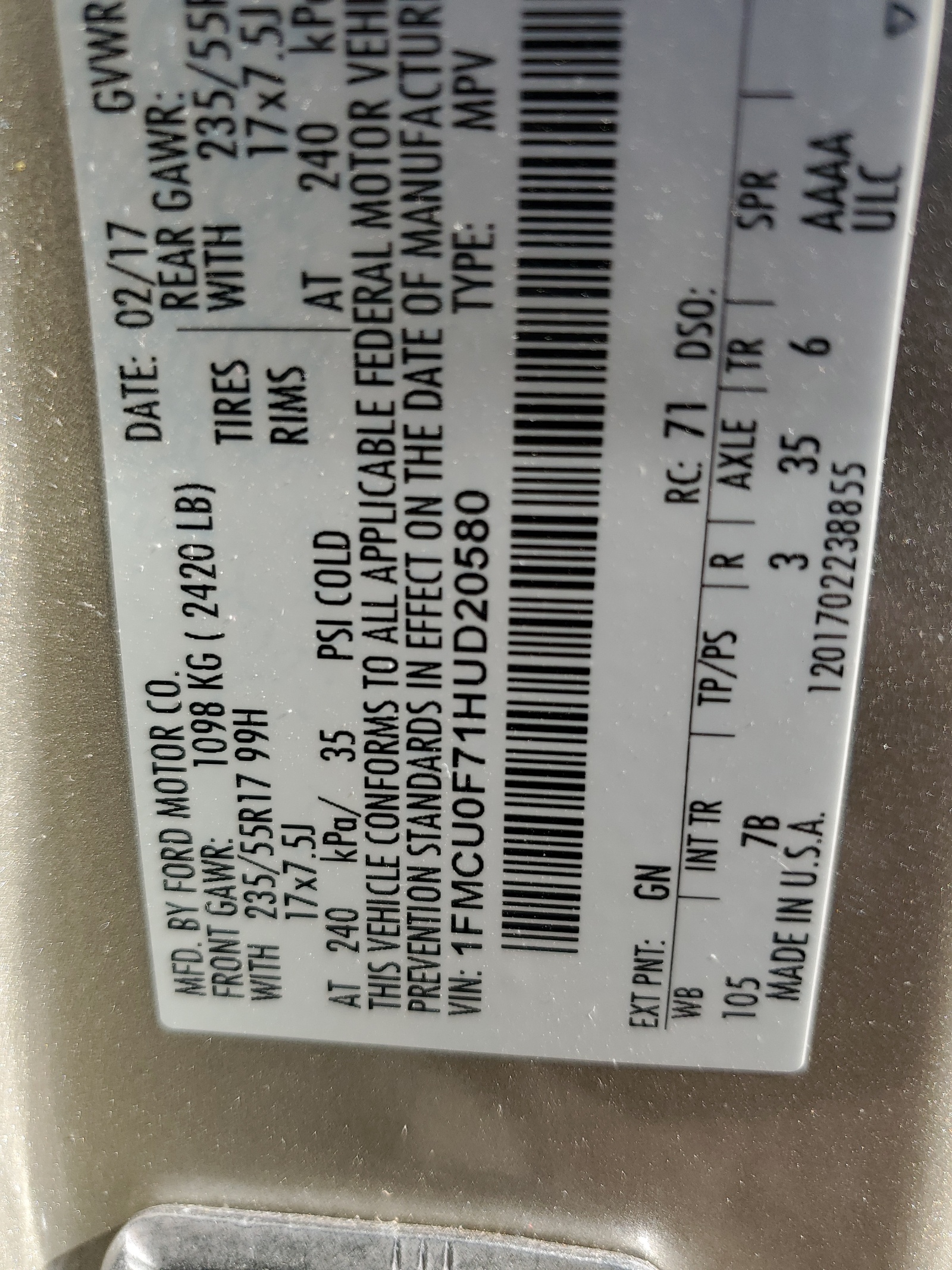 1FMCU0F71HUD20580 2017 Ford Escape S