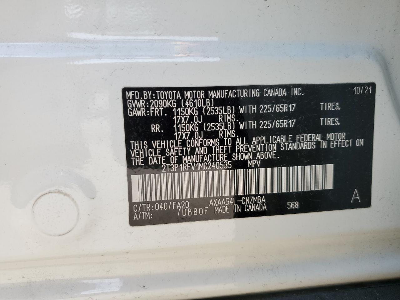 2021 Toyota Rav4 Xle VIN: 2T3P1RFV1MC240535 Lot: 59124204