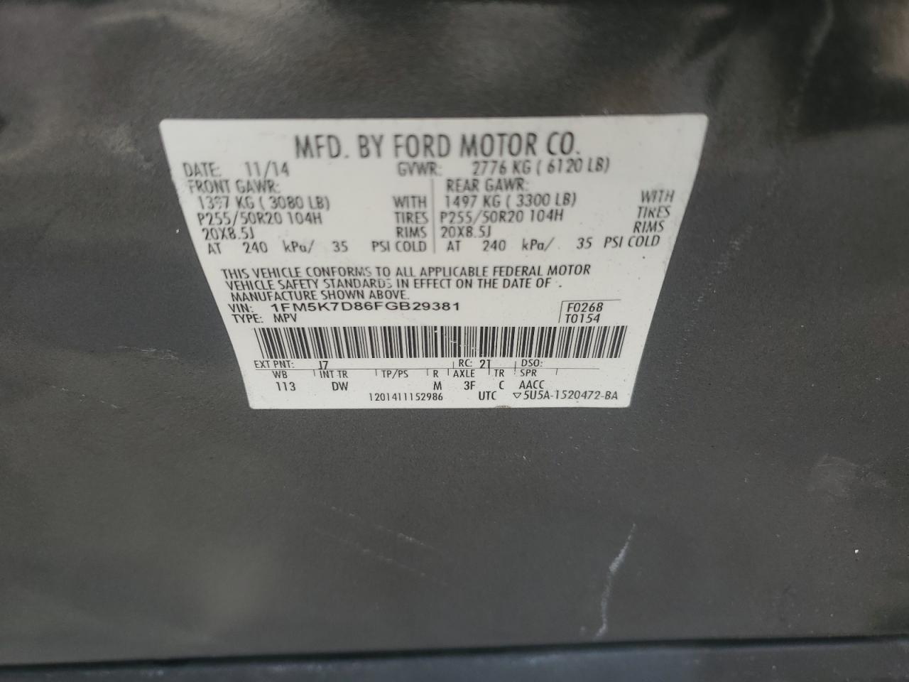 2015 Ford Explorer Xlt VIN: 1FM5K7D86FGB29381 Lot: 59730654