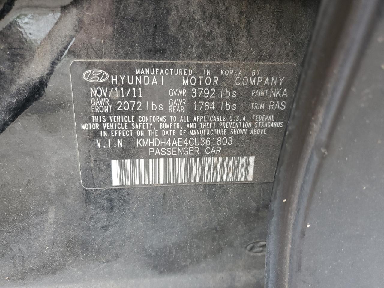 KMHDH4AE4CU361803 2012 Hyundai Elantra Gls