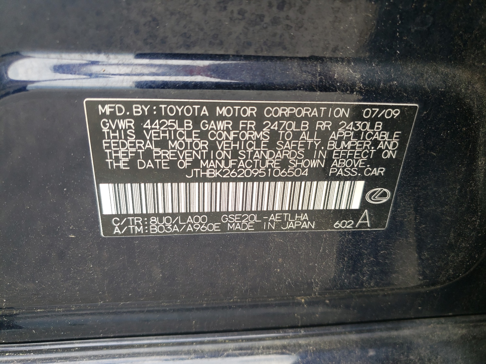 JTHBK262095106504 2009 Lexus Is 250