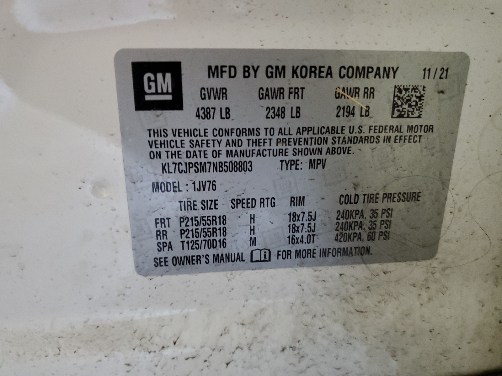 KL7CJPSM7NB508803 2022 Chevrolet Trax 1Lt