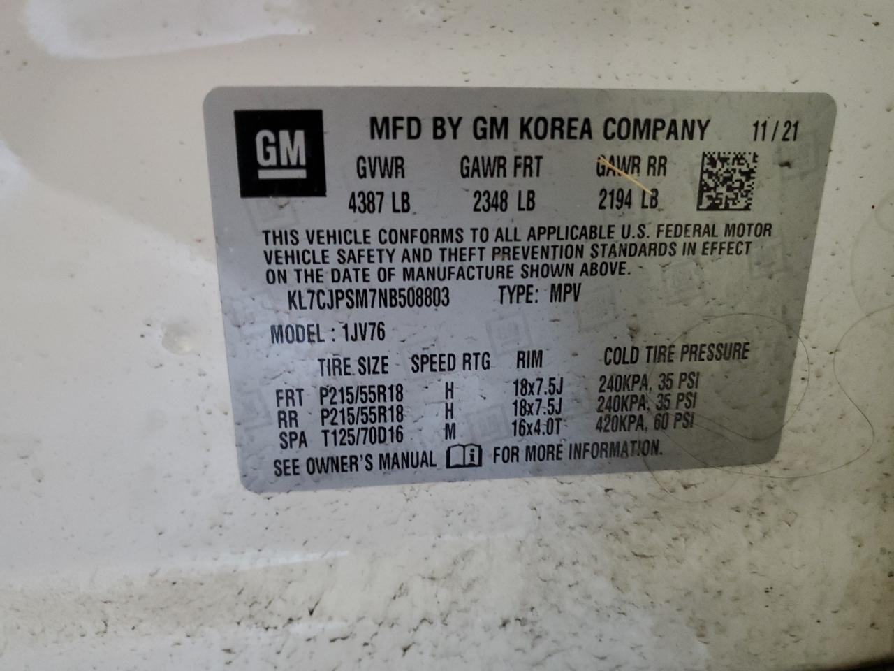 2022 Chevrolet Trax 1Lt VIN: KL7CJPSM7NB508803 Lot: 59427324