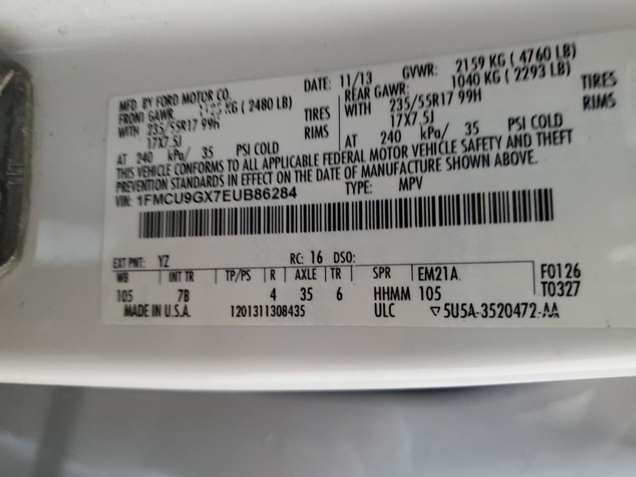 2014 Ford Escape Se VIN: 1FMCU9GX7EUB86284 Lot: 61028534