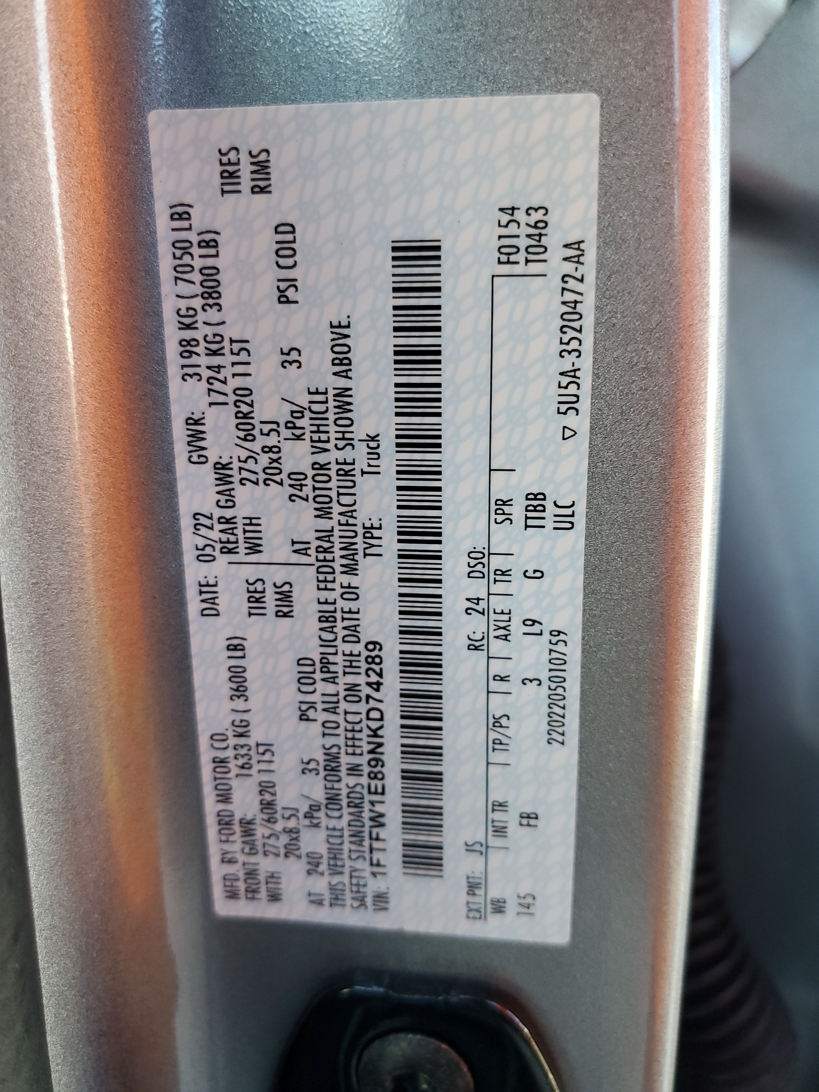 1FTFW1E89NKD74289 2022 Ford F150 Supercrew