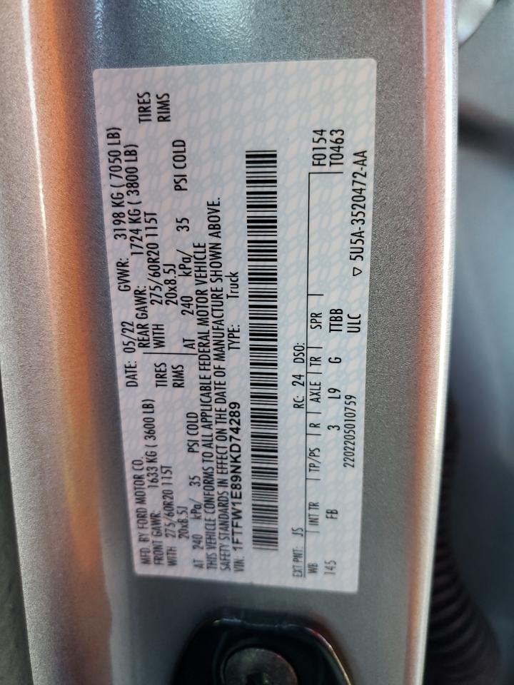 2022 Ford F150 Supercrew VIN: 1FTFW1E89NKD74289 Lot: 60859684