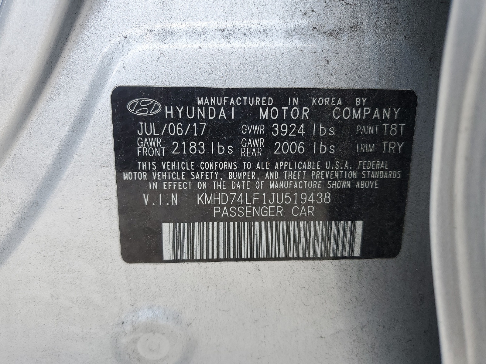 KMHD74LF1JU519438 2018 Hyundai Elantra Se