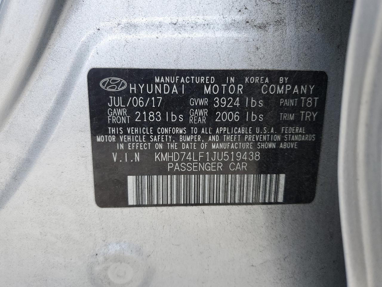 2018 Hyundai Elantra Se VIN: KMHD74LF1JU519438 Lot: 58972174
