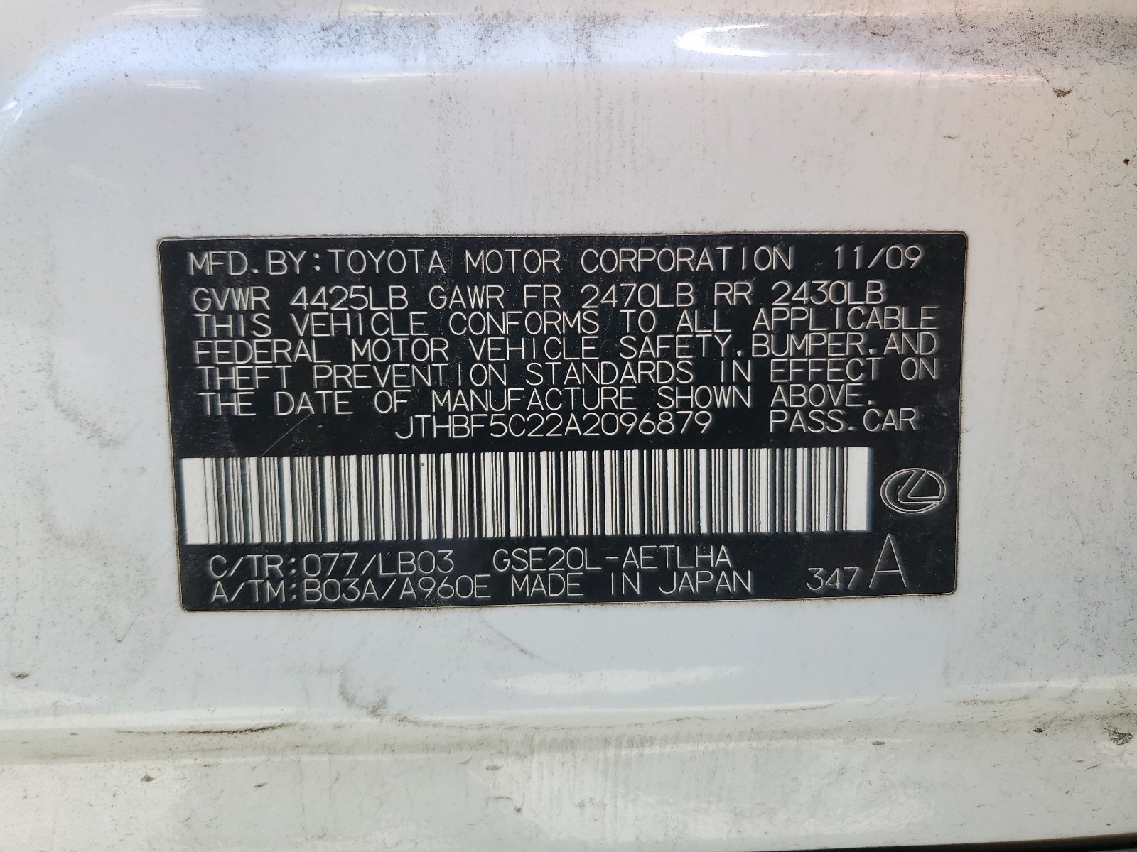 JTHBF5C22A2096879 2010 Lexus Is 250