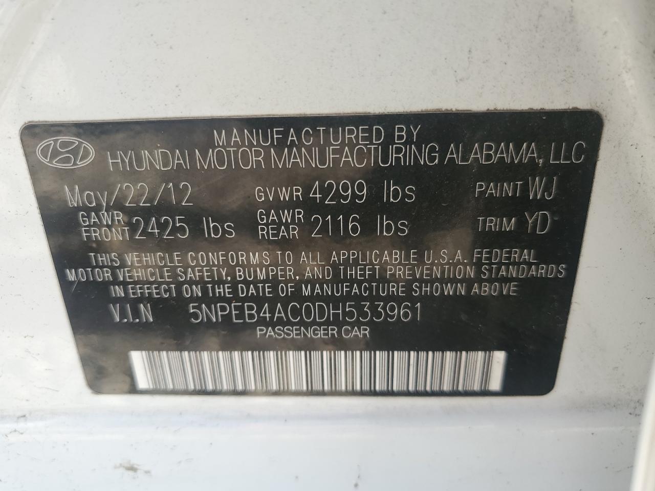 2013 Hyundai Sonata Gls VIN: 5NPEB4AC0DH533961 Lot: 59446724