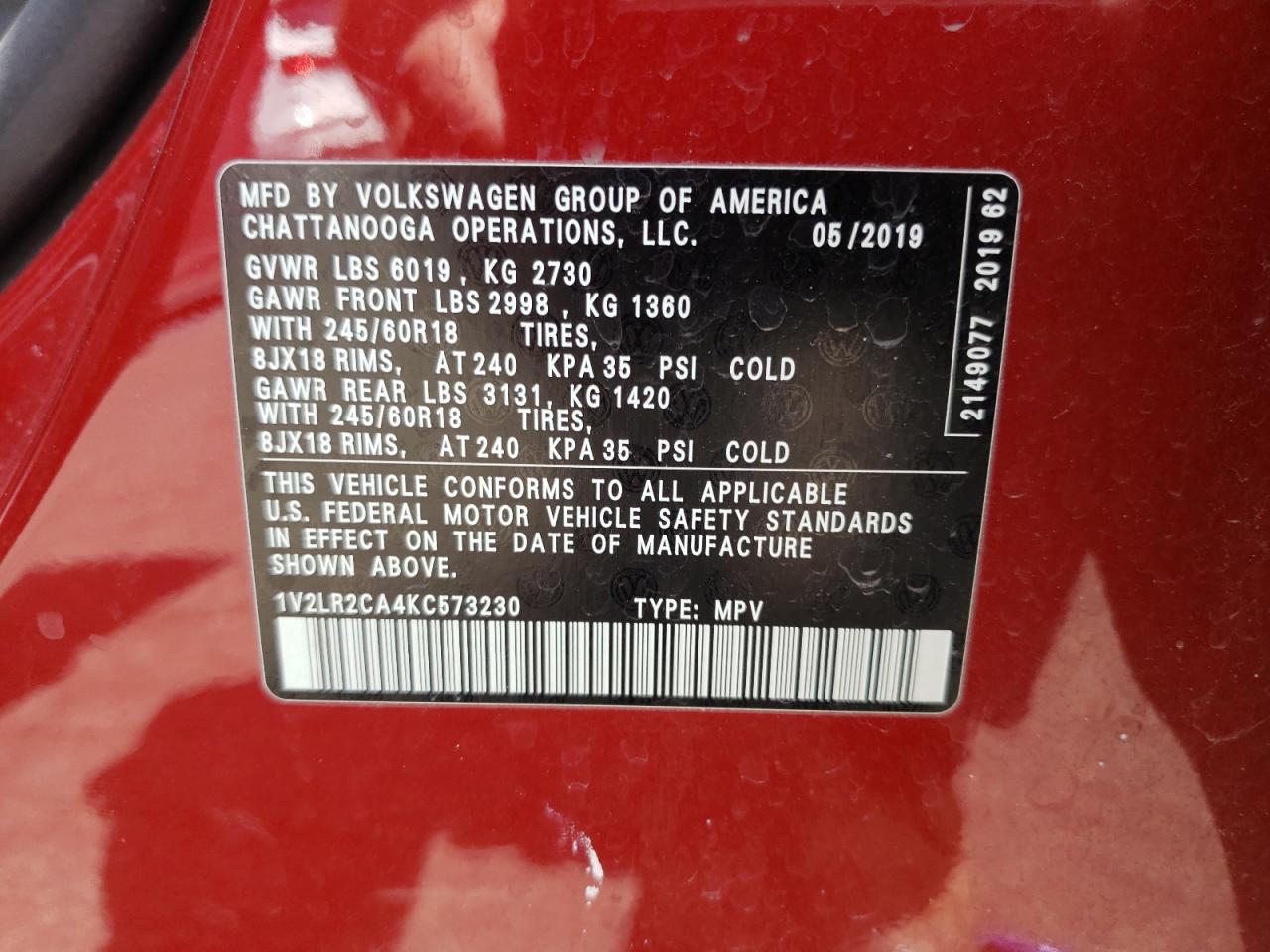 1V2LR2CA4KC573230 2019 Volkswagen Atlas Se