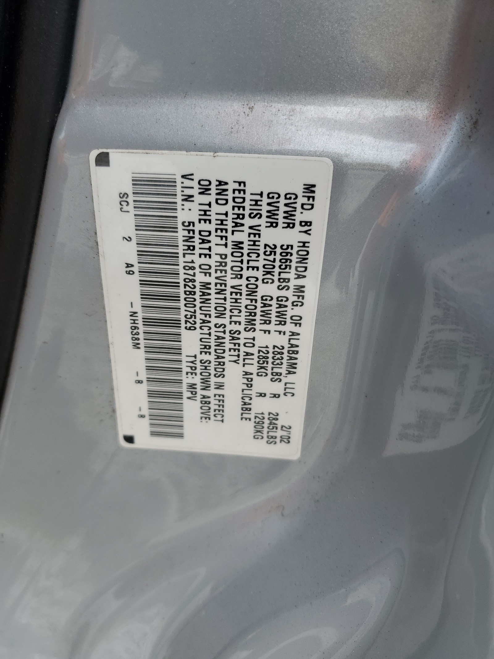 5FNRL18782B007529 2002 Honda Odyssey Exl