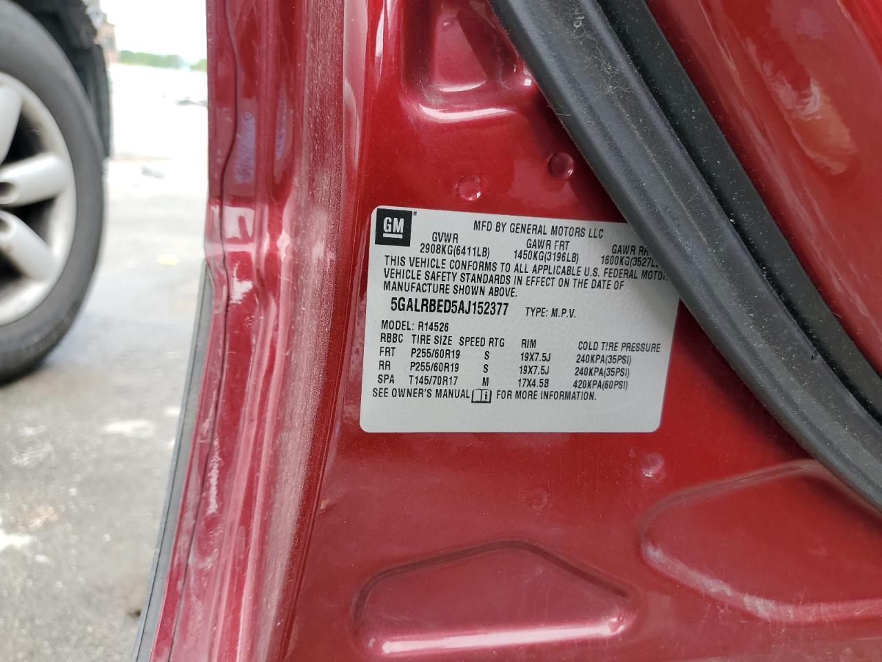 2010 Buick Enclave Cxl VIN: 5GALRBED5AJ152377 Lot: 59680404