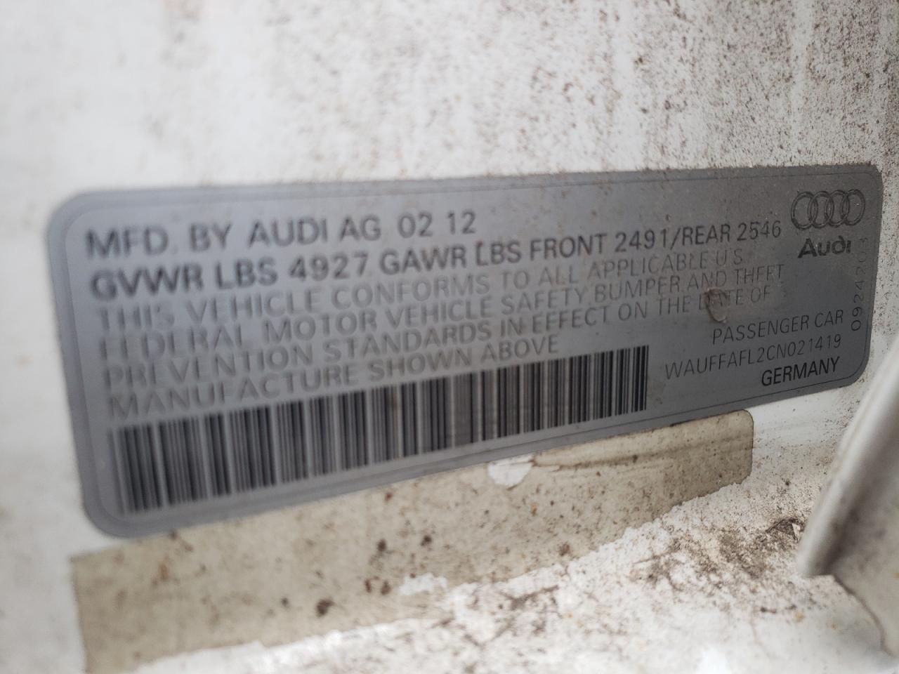 2012 Audi A4 Premium Plus VIN: WAUFFAFL2CN021419 Lot: 60615684