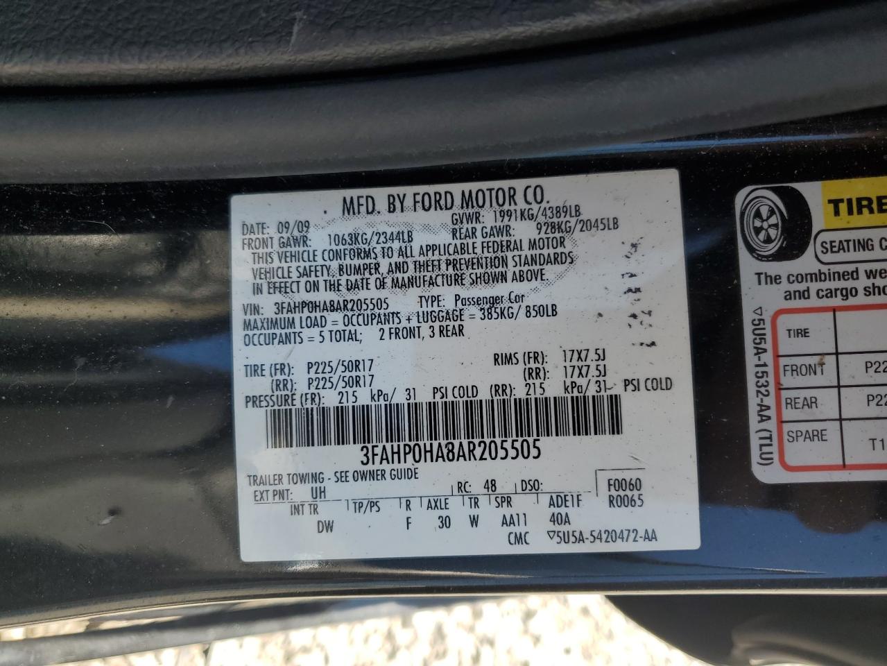 2010 Ford Fusion Se VIN: 3FAHP0HA8AR205505 Lot: 58220604