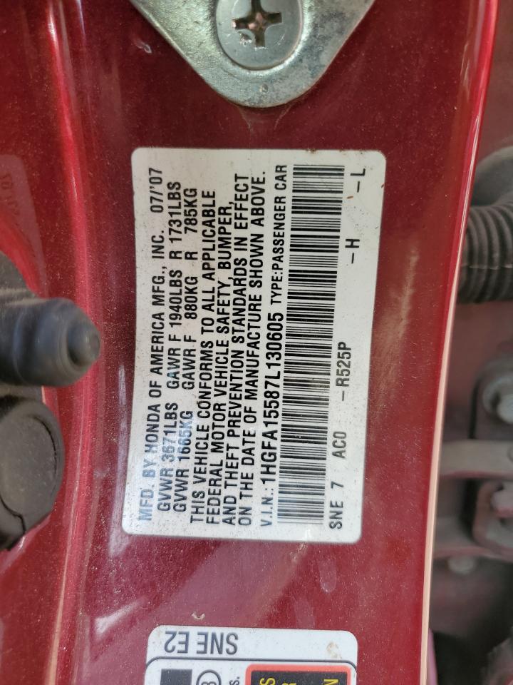 2007 Honda Civic Lx VIN: 1HGFA15587L130605 Lot: 59444044