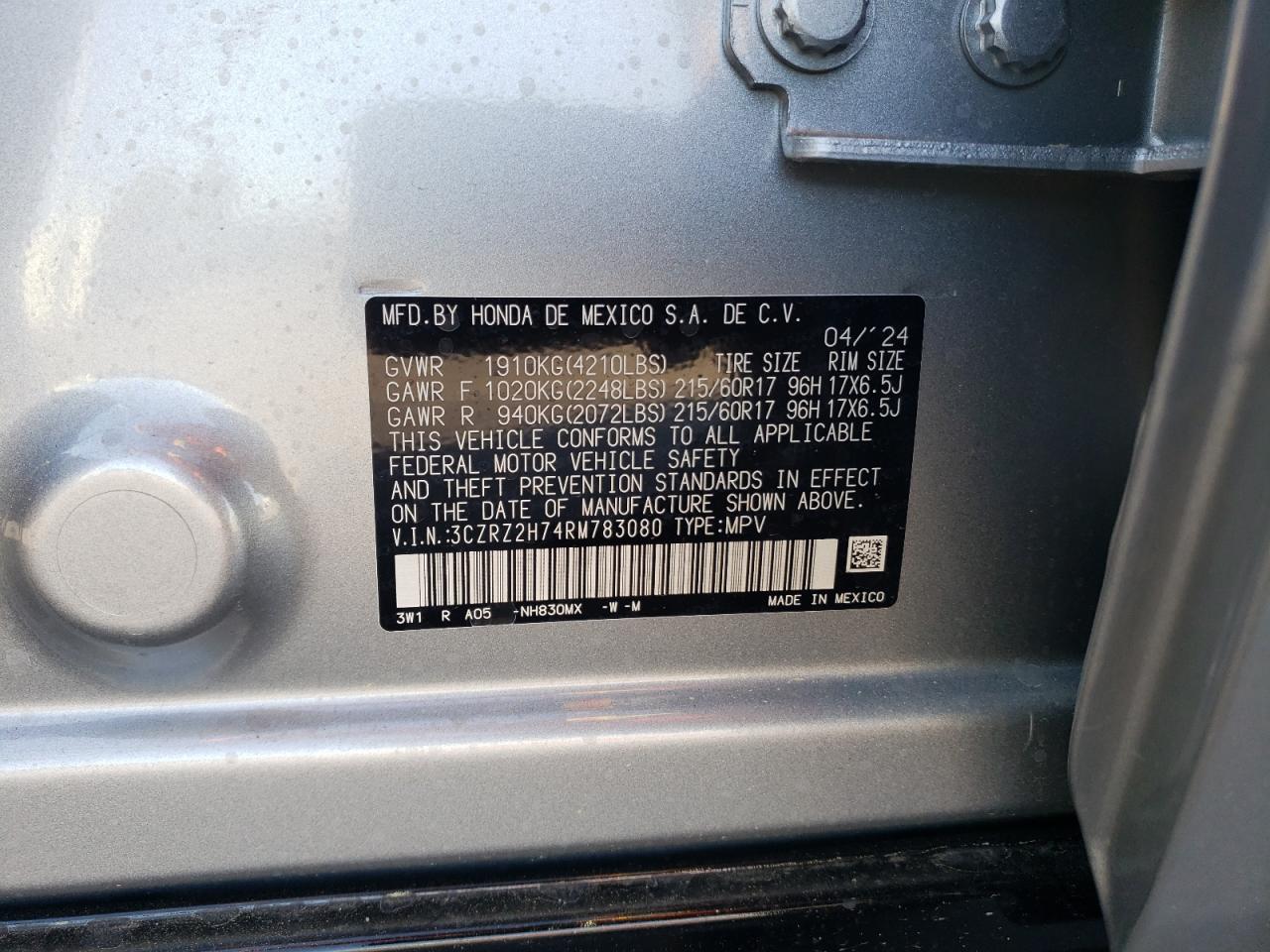 3CZRZ2H74RM783080 2024 Honda Hr-V Exl