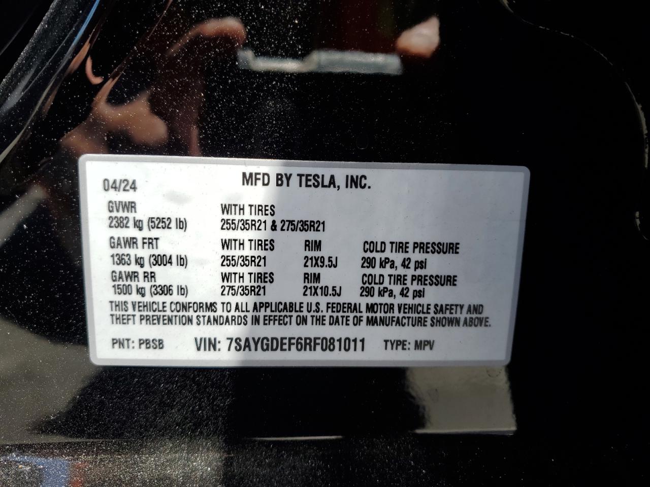 2024 Tesla Model Y VIN: 7SAYGDEF6RF081011 Lot: 59760524