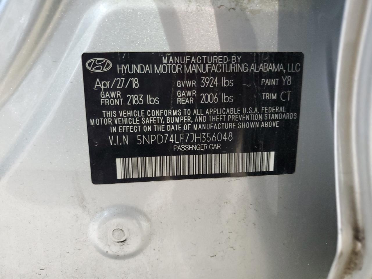 5NPD74LF7JH356048 2018 Hyundai Elantra Se