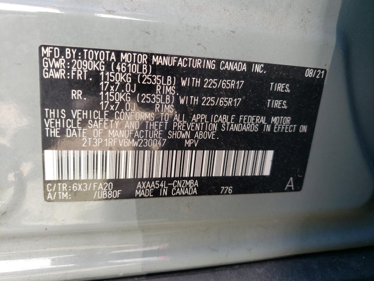 2T3P1RFV6MW230047 2021 Toyota Rav4 Xle