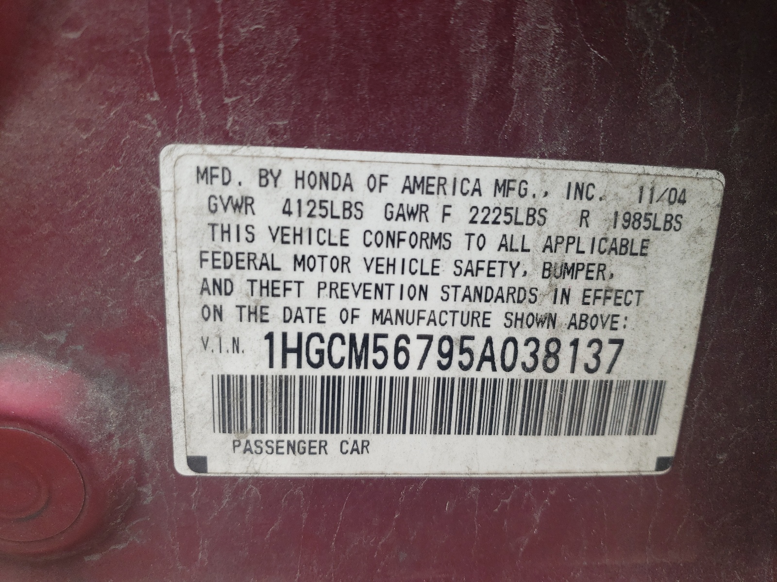 1HGCM56795A038137 2005 Honda Accord Ex