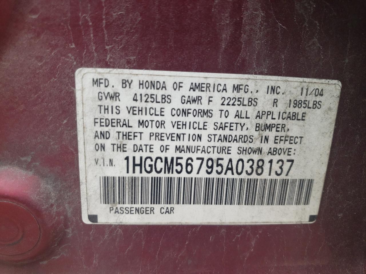 2005 Honda Accord Ex VIN: 1HGCM56795A038137 Lot: 57159034