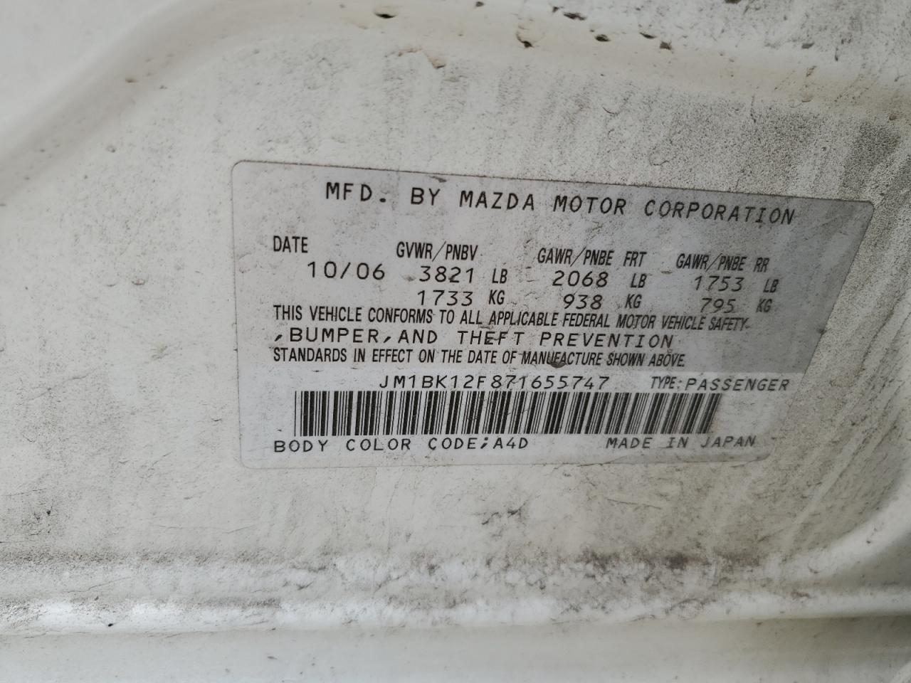 2007 Mazda 3 I VIN: JM1BK12F871655747 Lot: 58556044