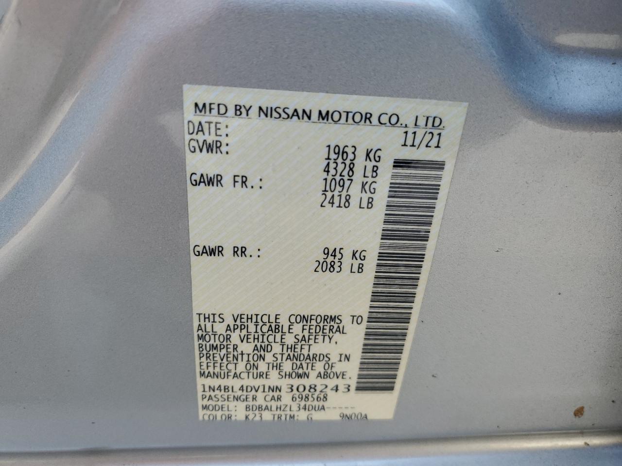 2022 Nissan Altima Sv VIN: 1N4BL4DV1NN308243 Lot: 57680784