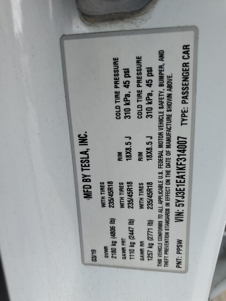 2019 Tesla Model 3 VIN: 5YJ3E1EA1KF314007 Lot: 57813634