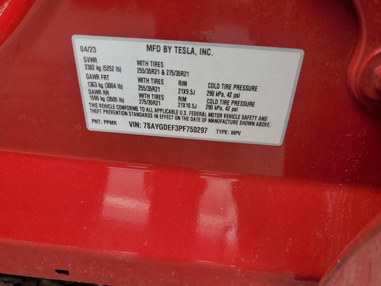2023 Tesla Model Y VIN: 7SAYGDEF3PF750297 Lot: 58538374