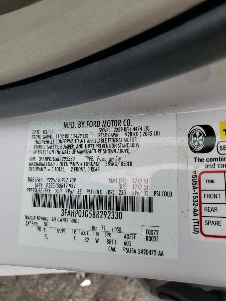 2011 Ford Fusion Sel VIN: 3FAHP0JG5BR292330 Lot: 57950234