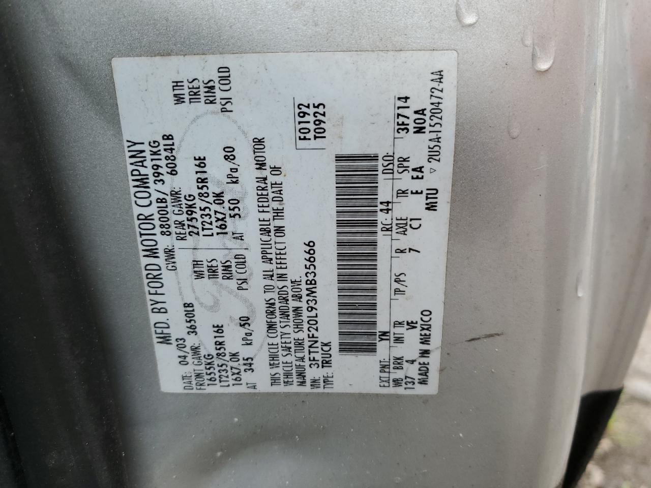 3FTNF20L93MB35666 2003 Ford F250 Super Duty