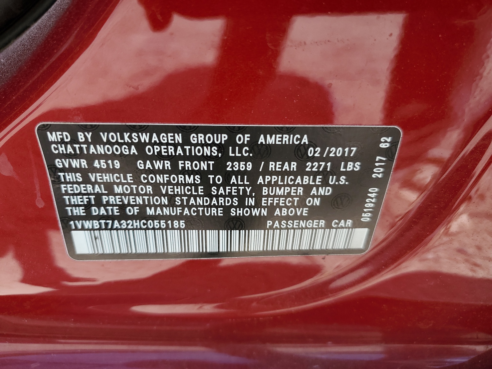 1VWBT7A32HC055185 2017 Volkswagen Passat Se