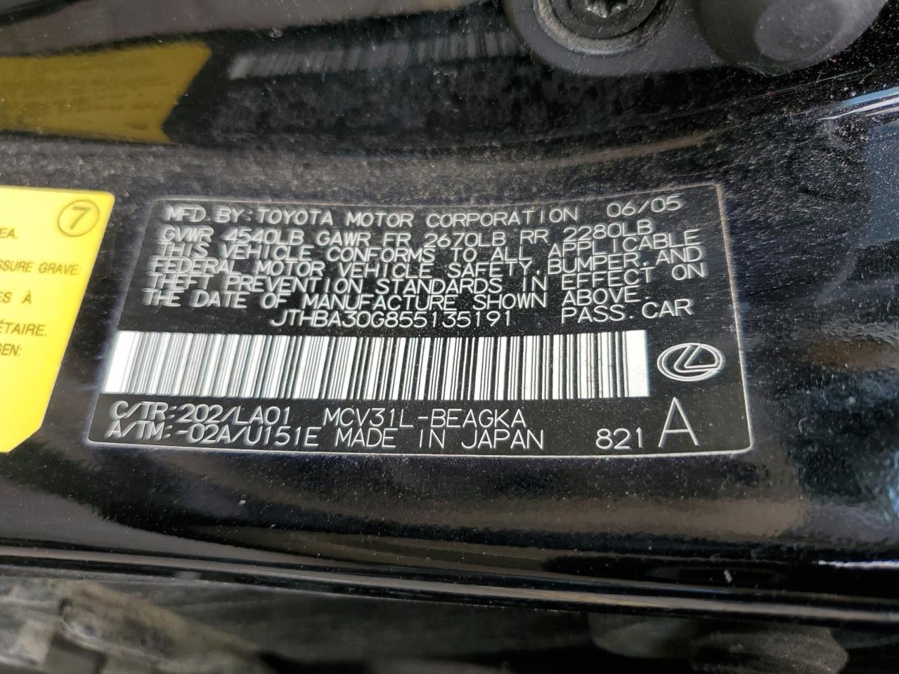 2005 Lexus Es 330 VIN: JTHBA30G855135191 Lot: 58339564