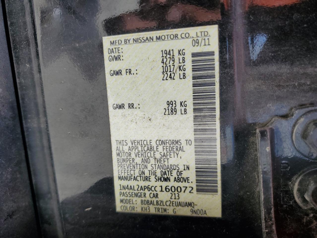 1N4AL2AP6CC160072 2012 Nissan Altima Base