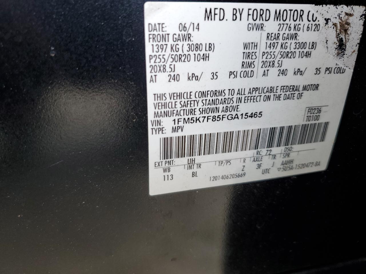 2015 Ford Explorer Limited VIN: 1FM5K7F85FGA15465 Lot: 61292804