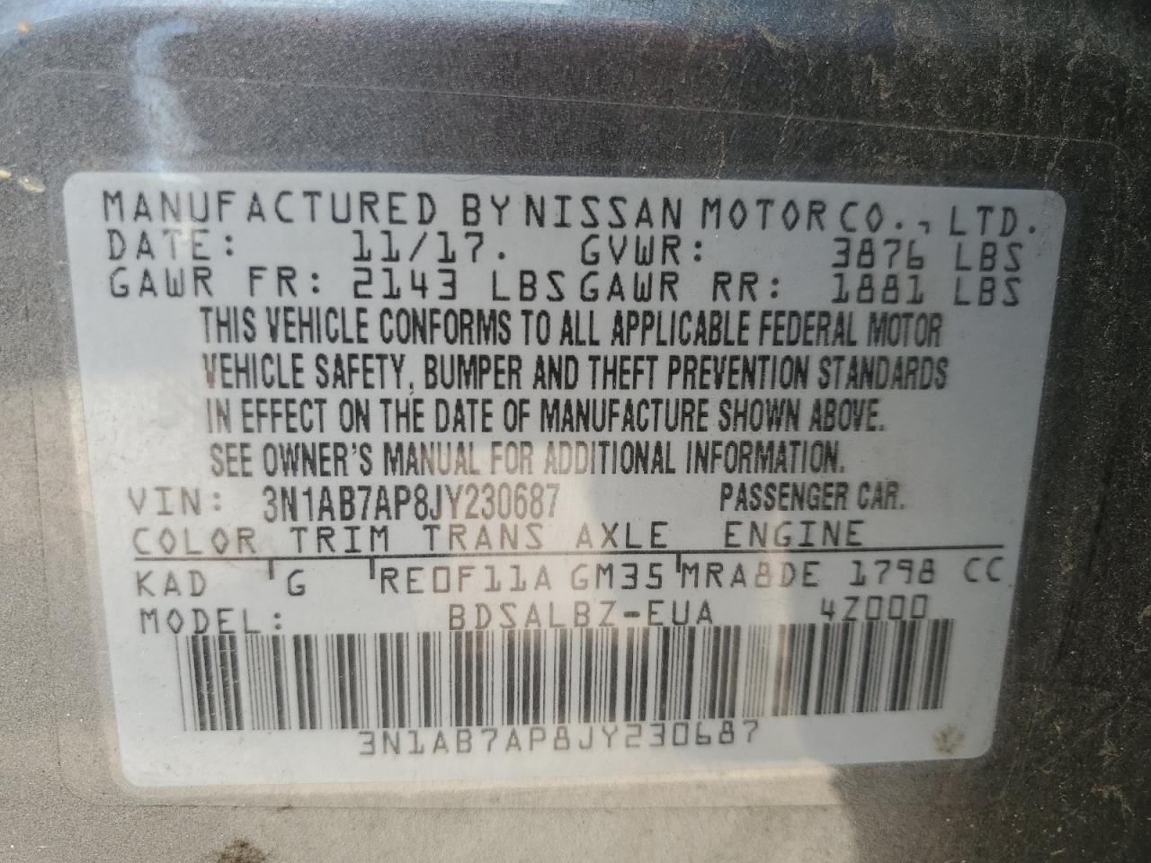 2018 Nissan Sentra S VIN: 3N1AB7AP8JY230687 Lot: 57884014