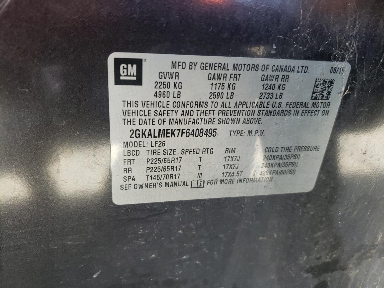 2015 GMC Terrain Sle VIN: 2GKALMEK7F6408495 Lot: 58495084