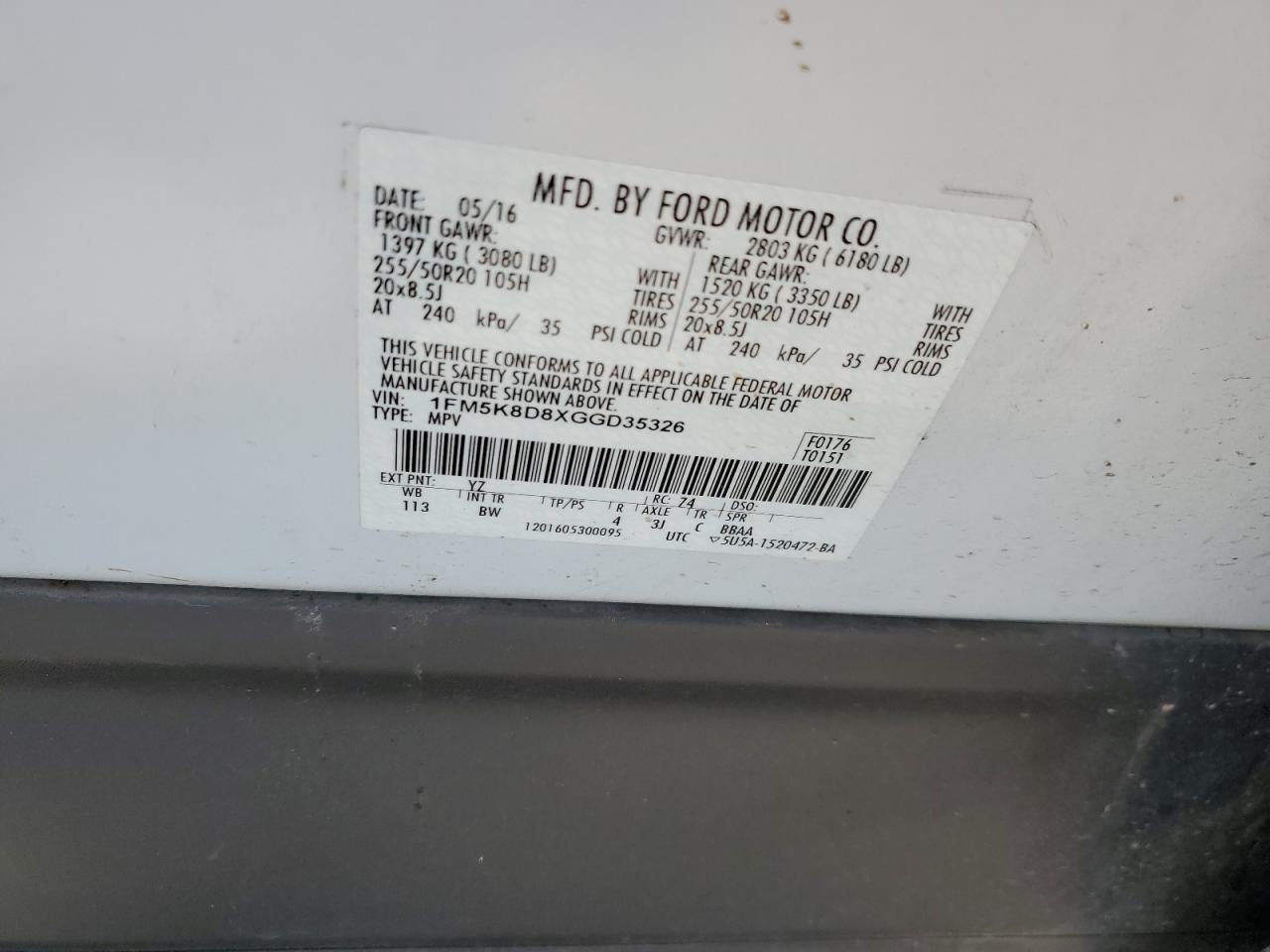 2016 Ford Explorer Xlt VIN: 1FM5K8D8XGGD35326 Lot: 59362024