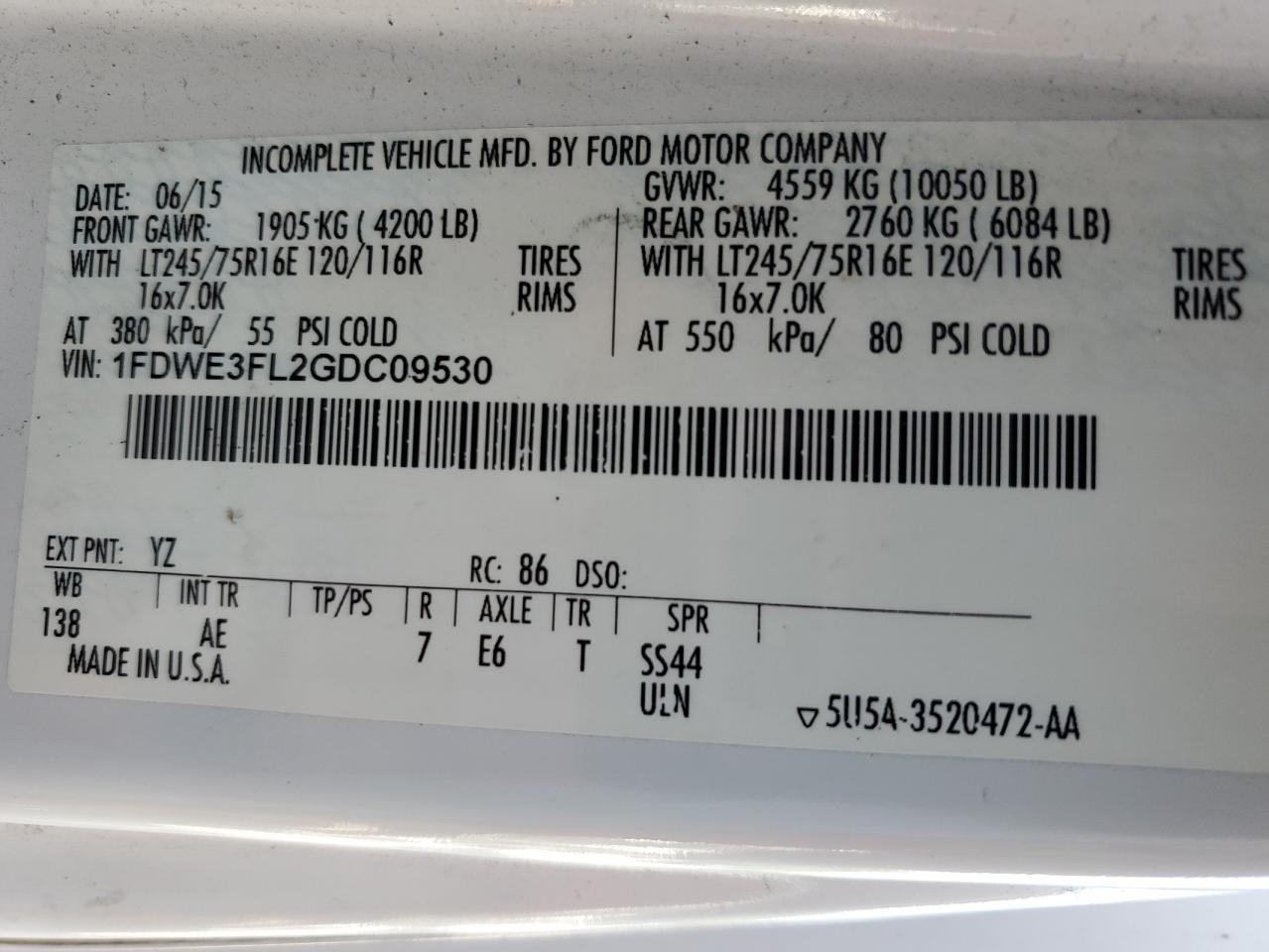 2016 Ford Econoline E350 Super Duty Cutaway Van VIN: 1FDWE3FL2GDC09530 Lot: 60948764