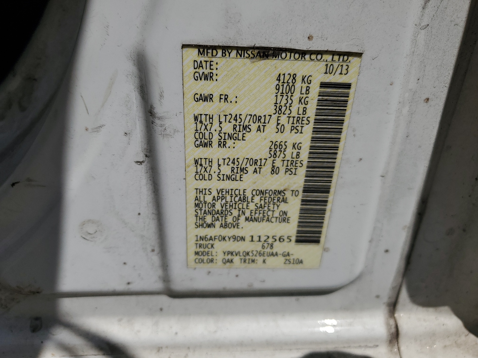 1N6AF0KY9DN112565 2013 Nissan Nv 2500