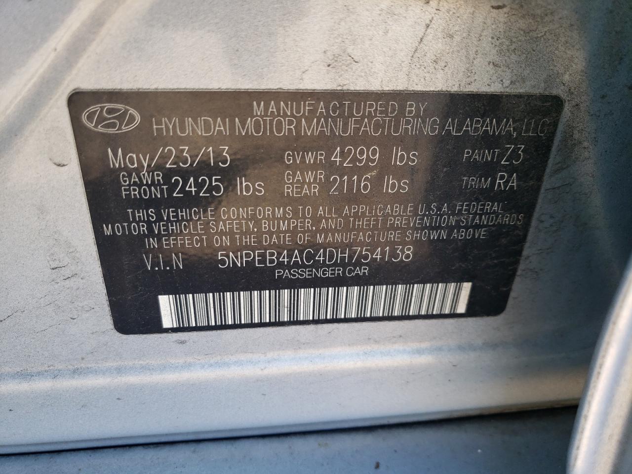 2013 Hyundai Sonata Gls VIN: 5NPEB4AC4DH754138 Lot: 61113774