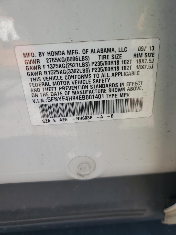 2014 Honda Pilot Touring VIN: 5FNYF4H94EB001401 Lot: 59833664